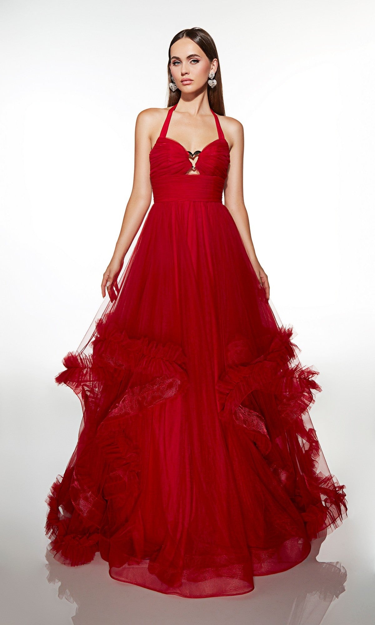 Woman wearing the Alyce 62151 long formal dress in red velvet, featuring a halter neck and ruffle details—an eye-catching choice for prom or special occasions, shown against a plain white background.